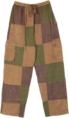 A subtle color combination in hippie pants, this style is loose, comfortable, and bohemian with an array of patchwork in pastel colors like shades of brown and green. These wide-leg pants come with two low-lying front box pockets which are hippie stylish and also functional for storing small essential items. #tlb #SplitSkirtsPants #Patchwork #Pocket #bohemianfashion #Handmade #Unisex #GypsyPants Brown Patchwork Wide Leg Bottoms, Festival Brown Patchwork Bottoms, Brown Patchwork Long Pants, Brown Baggy Patchwork Bottoms, Baggy Brown Patchwork Bottoms, Bohemian Brown Pants With Pockets, Casual Brown Patchwork Pants, Bohemian Brown Cotton Pants, Hippie Style Wide Leg Brown Bottoms