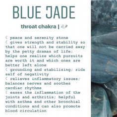 the blue jade statue is in front of a white background with words describing it's meaning