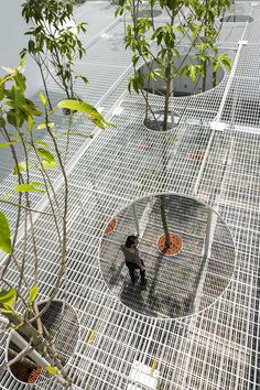 two people are sitting in the middle of a metal structure with trees growing out of it