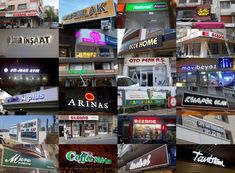 a collage of many different business signs