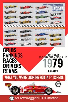 an advertisement for a racing event with cars on the side and numbers in different colors