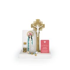 "This is a half-sized version of our original Everyday Prayer Space. It's design enables our custom-made Catholic items to be artistically placed together for contemplation in almost any space - especially a bedside table, a child's shelf, a dorm room, hospital room, hotel table or as a centerpiece on the coffee table! It is small, portable and interchangeable  - allowing for a fresh Prayer Space for years to come! Items included in Everyday Prayer Space: - 9\" Hardwood Base: White - Core Catholic Items: Crucifix, Rosary, Candle & holder, Holy Water Vial & holder - 5\"x7\" Mary's Crown of Flowers illustration - 2.5\"x4.25\" \"Come Holy Spirit\" prayer card Crucifix, holders (for candle and holy water) 3D printed using biodegradable polymer. Artwork printed on artist's quality card stock." Corner Prayer Shelf, Catholic Prayer Table, Altar Design Home Catholic, Catholic Prayer Corner, Come Holy Spirit Prayer, Christian Essentials, Spiritual Journaling, Come Holy Spirit, Prayer Altar