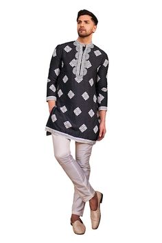 Black and white silk kurta with all over floral blossom print. Comes with pant. - Aza Fashions Designer Spring Kurta With Chikankari Embroidery, Designer Chikankari Embroidery Kurta For Spring, Designer Cotton Sets For Spring, Men Kurta, Silk Kurta, Blossom Print, Kurta With Pants, White Silk, Mandarin Collar