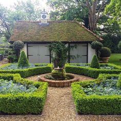 a garden with lots of hedges and plants around it