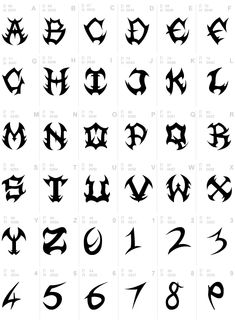 the letters and numbers that are used in tattoo art, including one for each letter