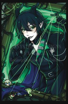 an anime character with black hair and green eyes, holding a knife in his hand