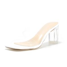 Clear Heel Mules PVC Transparent Slip On Heeled Sandals White High Heel Sandals With Clear Strap, White Open Toe Heels With Clear Strap, White Open Toe Jelly Sandals For Party, Clear Synthetic Jelly Sandals For Party, Party Jelly Sandals In Clear Synthetic Material, Party-ready Clear Synthetic Jelly Sandals, Party Jelly Sandals In Clear Synthetic, Party-style Clear Synthetic Jelly Sandals, Clear Block Heel Jelly Sandals