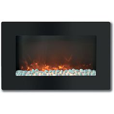 an electric fireplace with rocks on the bottom and flame coming from it's side