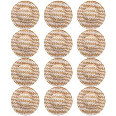 six round woven coasters with white and tan stripes on the top, set of eight