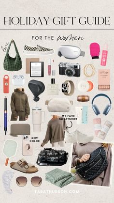 the holiday gift guide for the traveler is shown in this graphic style, including shoes and accessories