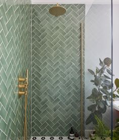 a green tiled bathroom with gold fixtures and plants in the shower stall, along with toiletries