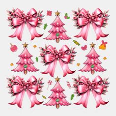 pink bows and christmas decorations on a white background