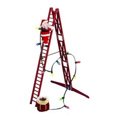 a red ladder with christmas lights attached to it and santa's sack on the bottom