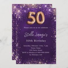 purple and gold 50th birthday party card with the number 50 on it's front