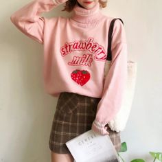 Sweet Turtleneck Pastel Pink Strawberry Milk Knitted Sweater for Women Pink Kawaii Sweater For Spring, Casual Pink Winter Turtleneck, Pink Kawaii Long Sleeve Sweater, Pink Long Sleeve Kawaii Sweater, Trendy Pink Turtleneck Sweater, Pink Cotton Kawaii Sweater, Cute Pink Sweater For Fall, Women Turtleneck, Harajuku Women