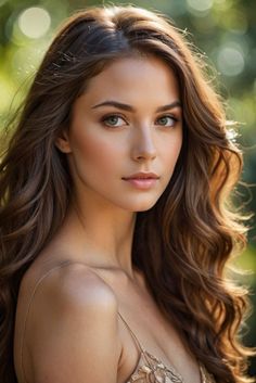 a beautiful young woman with long brown hair wearing a dress and looking at the camera