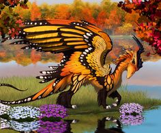 a large orange and black dragon standing next to a body of water surrounded by flowers