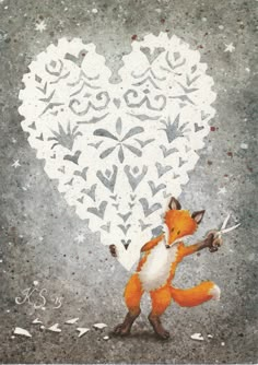 a drawing of a fox holding a knife in front of a heart shaped piece of paper