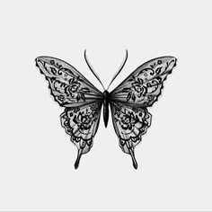 a black and white drawing of a butterfly with intricate designs on it's wings