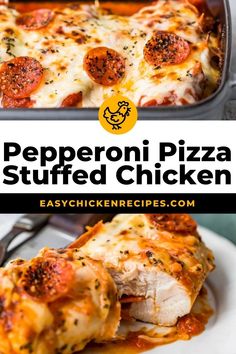 pepperoni pizza stuffed chicken in a casserole dish