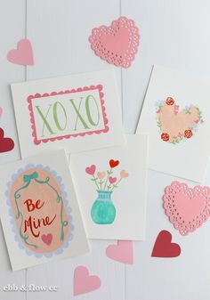 valentine's day greeting cards with hearts and flowers on white background, including xoxo