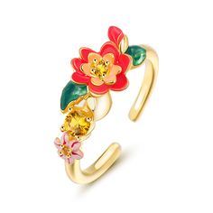 This beautifully detailed ring boasts charming flowers in bright shades of multicolored enamel. The intricate flawless enamel work coupled with sparking stones, make this an eye-catching piece.Carat Weight: 0.205 ctStone Size: 1.7,1.3,3.5 mmStone Type: Jeulia® StoneNumber of Stones: 3 Stone Shape: RoundStone Color: Citrine YellowWeight: 2.8 gWidth: 20.4 mmHeight: 5.2 mmThickness: 1 mmMaterial: 925 SilverPlating Color: Yellow Gold Dreamy Garden, Yellow Rings, Detailed Ring, Garden Flower, Lovely Ring, Anniversary Sale, Flower Design, Sterling Silver Ring, Flower Designs