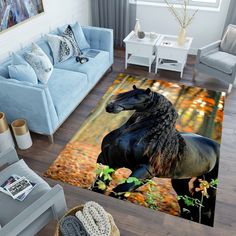 a living room area rug with a horse on it