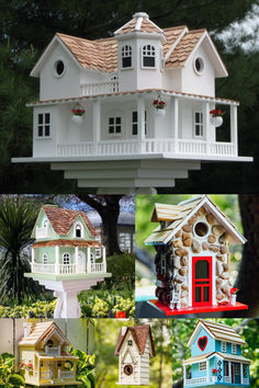 several different types of bird houses are shown in this collage with trees and bushes