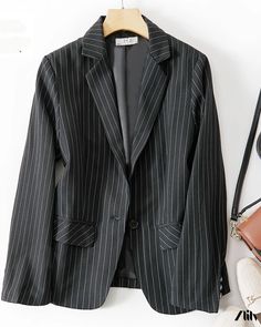 Zlily - Black Striped Slim Fit Blazer Jacket Black Notch Lapel Blazer For Spring, Spring Black Notch Lapel Blazer, Black Single Breasted Blazer For Spring, Fitted Blazer Jacket, Slim Fit Blazer, Slim Fit Blazers, Fitted Blazer, Black Stripes, Blazer Jacket