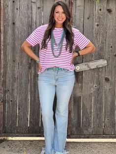 Perfect top for everyday wear! Hot pink striped top Causal top but oh-so-cute Pairs great with lightwash denim shorts or jeans Longer short sleeves that come right above the elbows Lacee is wearing the size small here, wears smalls in tops, 27/28 in jeans 95% Cotton 5% Spandex White Short Sleeve Denim Tops, White Denim Short Sleeve Top, Vertical Stripes Short Sleeve Top For Day Out, Casual Tops With Vertical Stripes For Spring, Trendy Spring T-shirt With Vertical Stripes, Casual T-shirt With Vertical Stripes For Spring, Pink Relaxed Fit Top With Vertical Stripes, Pink Relaxed Fit Tops With Vertical Stripes, Denim Short Sleeve T-shirt For Spring