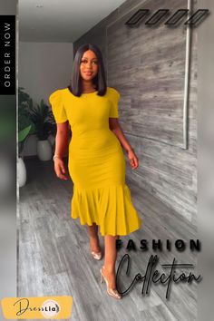 Elegant Solid Color Short Sleeve Pleated Midi Dress Yellow Short Sleeve Solid Midi Dress, Yellow Knee-length Office Dress, Fitted Solid Color Midi Dress For Brunch, Fitted Solid Color Midi Dress For Spring, Casual Short Sleeve Midi Dress For Party, Spring Fitted Solid Color Midi Dress, Spring Fitted Solid Midi Dress, Summer Office Dress With Stretch, Short Sleeve Ruffled Bodycon Dress For Spring