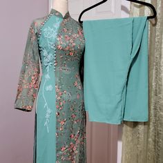 Ao Dai Super Elegant Design, Measurement Bust 88-92cm Waist 74-76cm. Com With Matching Pant Beautiful Soft Material. Nwot, The Color Is Like A Soft Teal Green Green Fitted Long Sets, Ao Dai Vietnam, Teal Green, Size 2, Traditional Dresses, Elegant Design, Modern Design, Maxi Dress, Womens Dresses