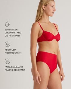 This bikini bottom is a triple threat: It was made to last, made with Italian-crafted fabric, and thoughtfully made with recycled materials. With a high-rise design, medium cut leg, and full lining, you'll get the moderate backside coverage and timeless style you're looking for. Resists fading, pilling, and snagging, so you'll be wearing it for years to come.  | Quince | Women's Italian High-Rise Bikini Bottom in Cherry, Size Small, 78% Recycled Polyamide, 22% Spandex Modern Seamless Swimwear For Beach, Modern High Waist Swimwear For Summer, Modern Solid Swimwear For Pool, Modern Solid Color Swimwear For Pool, Modern Bra-friendly Swimwear For Beach, Modern Seamless Swimwear For Poolside, Moderate Coverage Nylon Swimwear, Modern Fitted Beach Bottoms, Modern Seamless Swimwear For Pool