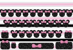 pink and black minnie mouse ears with bows on them are lined up next to each other