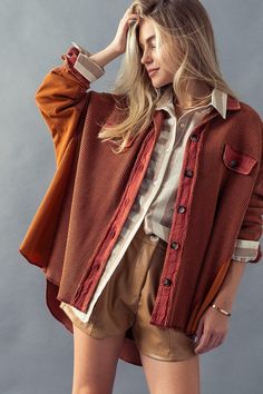 Washed oversized shacked, waffle and knit, button up, 2 fake front pockets, long sleeve, comfy, soft, easy to wear. Waffle Long Sleeve, Winter Boho, Cool Jackets, Trending Now, Oversized Fits, All Seasons, Red Leather Jacket, Cotton Shirt, Looks Great