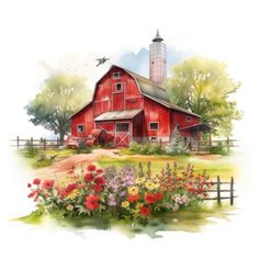 a watercolor painting of a red barn and flowers