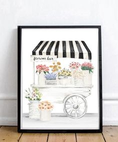 a watercolor painting of flowers on a cart