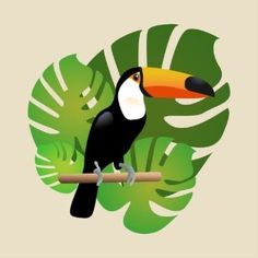 a toucan sitting on a branch with leaves around it