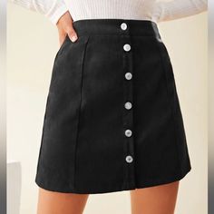 Black Button Front A-Line High Waist Solid Mini Skirt, Size Medium In Like-New Condition. Washed But Never Worn. No Visible Damage Or Defects. -100% Polyester -Fully Lined -Fully Functioning Button Front -A-Line Shape -High Waisted Style -Machine Wash Cold Measurements: Waist: 14.5" Length: 16 3/4" Thank You For Shopping Our Closet! Linds & Lily Black Skirt With Button Closure For Fall, Black Skirt With Snap Buttons For Fall, Fall Black Skirt With Snap Buttons, Fall Black Skirt With Button Closure, Fall Black Mini Skirt With Button Closure, Black Button-up Mini Skirt, Trendy Black Mini Skirt With Button Closure, Casual Black Skirt With Button Closure, Black Mini Skirt With Button Closure