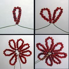 four pictures of beads arranged in the shape of a flower