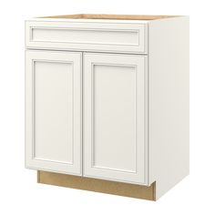 a white cabinet with two doors and one drawer on the bottom, in front of a white background