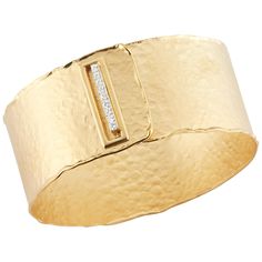 14 Karat Yellow Gold Hand-Crafted Matte and Hammer-Finished Scallop-Edged Cuff Bracelet, Enhanced with 0.36 Carats of a Pave Set Diamond Buckle Closure. Diamond Cuff Bracelet, Diamond Bar, Stylish Watches, Gold Hands, Matte Gold, Amazing Jewelry, Cuff Bracelet, Fashion Statement, Jewelry Shop