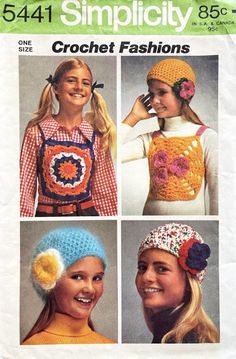 four crochet hats with flowers on them and the words, simply crochet fashions