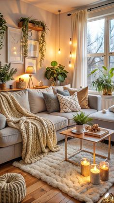 a living room filled with furniture and candles