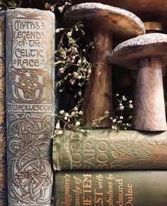 several books stacked on top of each other with flowers growing out of the covers and mushrooms in the background