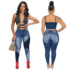 Style: Casual Fit: Slim Fabric: Denim Pattern: Color Block Element: Pocket,Patchwork,Zipper Rise: High Rise Product Type: Skinny Pant Length: Full Main Composition: Cotton Season: Seasonless Denim Pattern, Denim Patterns, Denim Trousers, Casual Fit, Trouser Jeans, Casual Fits, Denim Shop, Jumpsuit Dress, Jumpsuit Romper