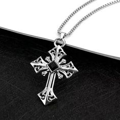 Mens Black CZ Silver Cross Pendant Necklace Christian Catholic Jewelry Chain 24" | eBay Metal Clavicle Chain Necklace With Cross Pendant, Metal Cross Pendant Necklace With Adjustable Chain, Vintage Stainless Steel Necklaces With Box Chain, Gothic Stainless Steel Silver Chain Jewelry, Vintage Stainless Steel Box Chain Necklaces, Metal Chain Cross Necklace, Stainless Steel Chain Necklace With Cross Pendant, Gothic Cross Pendant Clavicle Chain Necklace, Gothic Clavicle Chain Necklace With Cross Pendant