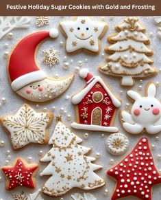 an assortment of decorated christmas cookies on a white surface with text overlay that reads festive holiday sugar cookies with gold and frosting