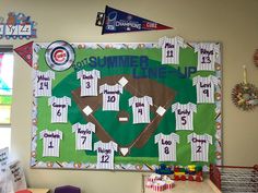 a baseball themed bulletin board hangs on the wall