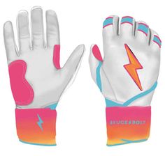 a pair of white and pink baseball gloves with lightning bolt on the left hand side